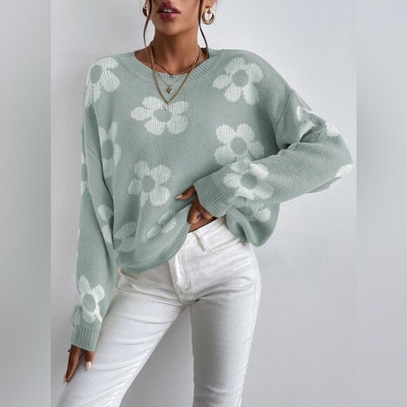 XXL Floral Pattern Sweater/Crewneck Long Sleeve Pullover,Y2K,Mint Green - Picture 1 of 3